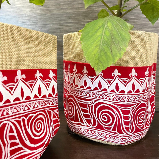 Red Madhubani Hand Painted Jute Planter