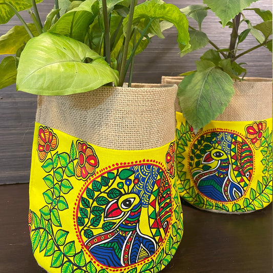 Peacock Madhubani Hand Painted Jute Planter