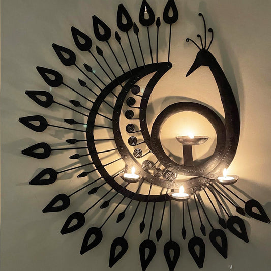 Handcrafted Bastar Iron Wall Hanging with T-Light Holders - Peacock